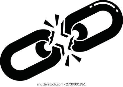 A black graphic symbol of a broken chain link is set against a stark white background. The link is fractured in the center with sharp, angular pieces jutting outwards.