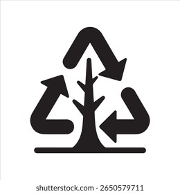 A black graphic symbol representing a tree within the circular recycling arrows.