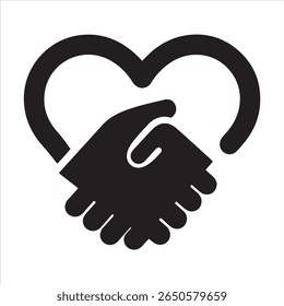 A black graphic symbol showing a handshake within a heart shape, signifying trust and connection.