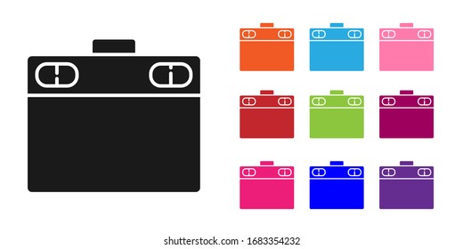 Schwarze grafische Tablettensymbol einzeln auf weißem Hintergrund. Symbole bunt festlegen. Vektorgrafik