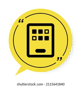 Black Graphic tablet icon isolated on white background. Yellow speech bubble symbol. Vector