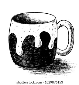 Black graphic textured fat bellied cup with trace of leakage. Vector illustration of ceramic mug of tea or coffee with Stains and dots for menu of restaurant, coffee shop, cafeteria