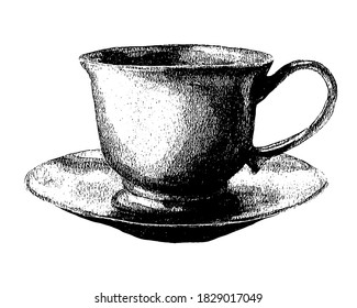 Black graphic textured tea cup and saucer. Refined porcelain mug and plate. Vector illustration Suitable for tea, coffee, medicine, menu of restaurants, coffee shop, cafeteria