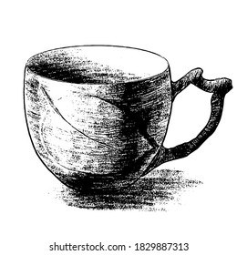 Black graphic textured Wide cup with silhouette of leaf. Vector illustration of ceramic mug of tea or coffee with Engraving foliage for menu of restaurant, coffee shop, cafeteria
