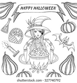 Black graphic witchcraft objects set: witch, cauldron with magic potion, bat, pumpkins, candy, candle. Hand drawn vector Happy Halloween illustration.