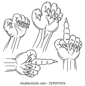Black graphic zombie hands, hand drawn halloween vector illustration isolated on white