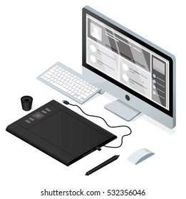 Black graphics tablet and modern computer / digital artist workspace. Isometric vector illustration