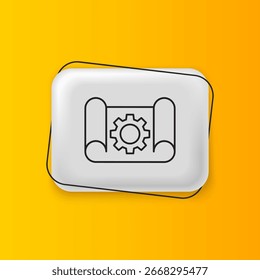 Papel preto para engenharia e ícone de engrenagem isolado no fundo amarelo. Botão retângulo prateado. Vetor