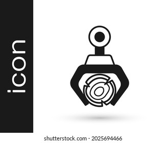 Schwarzer Grappelkran schnappte sich ein Protokollsymbol einzeln auf weißem Hintergrund. Forstwirtschaft. Industriekranich für die Holzfällholzherstellung.  Vektorgrafik