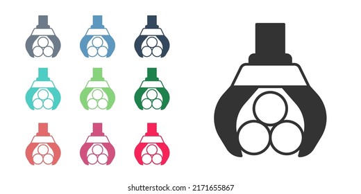 Schwarzer Grappelkran schnappte sich ein Protokollsymbol einzeln auf weißem Hintergrund. Forstwirtschaft. Industriekranich für die Holzfällholzherstellung. Stellen Sie die Symbole bunt ein. Vektorgrafik