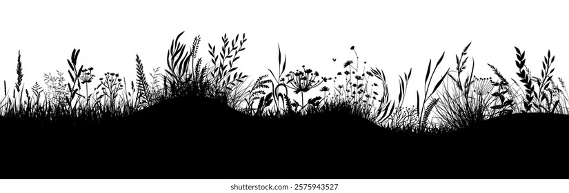 black grass horizontal silhouettes . hand drawing. Not AI Vector illustration.