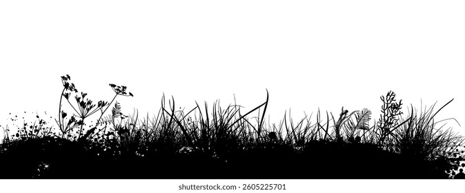 black grass horizontal silhouettes . hand drawing. Not AI Vector illustration.