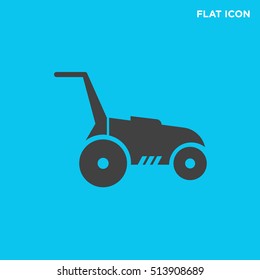 Black grass mowing machine vector icon on blue background