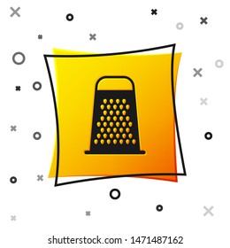 Black Grater icon isolated on white background. Kitchen symbol. Cooking utensil. Cutlery sign. Yellow square button. Vector Illustration