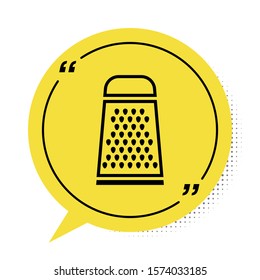 Black Grater icon isolated on white background. Kitchen symbol. Cooking utensil. Cutlery sign. Yellow speech bubble symbol. Vector Illustration