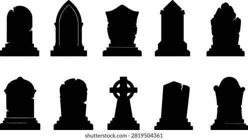 Black gravestone silhouettes vector set on white background