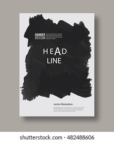 Black and gray abstract design. Ink paint on brochure, Brush element on white. Grunge banner. Simple composition. Liquid ink. Background for banner, card, poster, identity, web design.