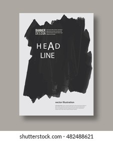 Black and gray abstract design. Ink paint on brochure, Brush element on white. Grunge banner. Simple composition. Liquid ink. Background for banner, card, poster, identity, web design.