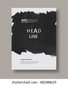 Black and gray abstract design. Ink paint on brochure, Brush element on white. Grunge banner. Simple composition. Liquid ink. Background for banner, card, poster, identity, web design.