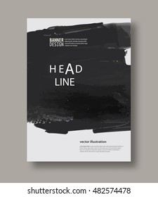 Black and gray abstract design. Ink paint on brochure, Brush element on white. Grunge banner. Simple composition. Liquid ink. Background for banner, card, poster, identity, web design.