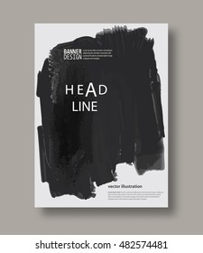 Black and gray abstract design. Ink paint on brochure, Brush element on white. Grunge banner. Simple composition. Liquid ink. Background for banner, card, poster, identity, web design.