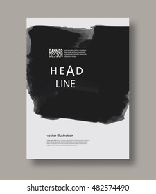 Black and gray abstract design. Ink paint on brochure, Brush element on white. Grunge banner. Simple composition. Liquid ink. Background for banner, card, poster, identity, web design.