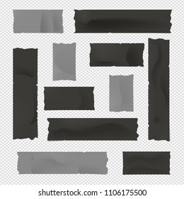 Black and gray adhesive, sticky, masking, duct tape, paper strips for text on squared background.