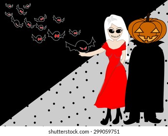 black and gray Background with ghost woman, pumpkins  (Jack O Lantern)  and bat