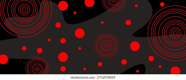 Un fondo negro y gris con círculos rojos y círculos concéntricos. La Imagen crea un diseño moderno y abstracto