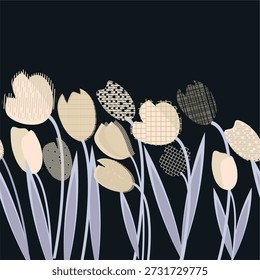 Black gray  beige floral pattern with tulips. Seamless naive  pattern on black. Vector drawing in kid girly style on black. 