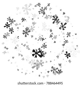 Black and gray blots on a white background. Abstraction with blots. Black and gray confetti. A scattering of blots. Black and gray flowers. Spring. A scattering of confetti. Placer from the flowers.