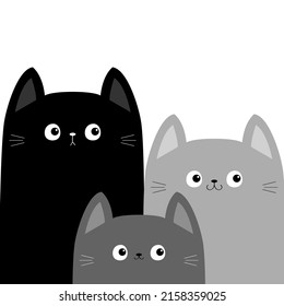 Black Gray Cat Head Face Set. Different Size Big Small Middle. Cats Family. Cute Cartoon Funny Character. Pet Baby Collection. Greeting Card. Sticker Print. Flat Design. White Background Vector