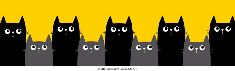 Black gray cat head face line set. Kitten pattern. Different size big small middle. Cats family. Cute cartoon funny character. Pet collection. Greeting card. Flat design. Yellow background. Vector