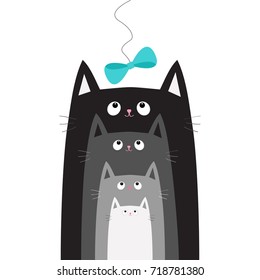Black gray cat head looking at blue bow hanging on thread. Cats in a row. Different size. Cute cartoon character family set. Pet baby collection Card. Flat design. White background Vector illustration