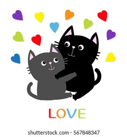 Black Gray Cat hugging couple family. Rainbow color hearts Hug, embrace, cuddle. Love Greeting card. Cute funny cartoon character. Kitty Whisker Baby pet White background. Isolated. Flat design Vector