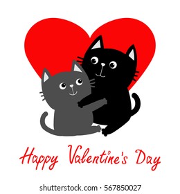 Black Gray Cat hugging couple family. Hug, embrace, cuddle. Red heart. Cute funny cartoon character. Happy Valentines day Greeting card. Kitty Whisker Baby pet White background. Isolated. Flat Vector