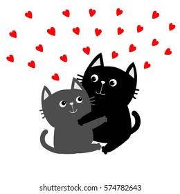 Black Gray Cat hugging couple family. Red hearts Hug, embrace, cuddle. Happy Valentines day Greeting card. Cute funny cartoon character. 