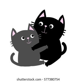 Black Gray Cat hugging family couple. Hug, embrace, cuddle. Happy Valentines day Greeting card. Cute funny cartoon character. Kitty Whisker Baby pet White background. Isolated. Flat design Vector