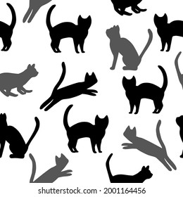 Black and gray cats silhouettes on white background. Seamless vector illustration for decoration.