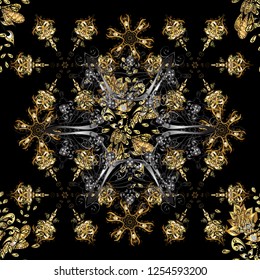 Black and gray colors with golden elements. Seamless golden pattern. Vector golden floral ornament brocade textile and glass pattern. Gold metal with floral pattern.