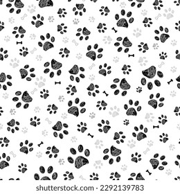 Black gray doodle paw prints and black bones. Seamless fabric design pattern