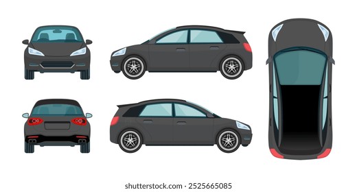 Veículos e carros elétricos preto e cinza: vistas detalhadas de todos os ângulos - frente, trás, topo, traseira e lado - gráficos vetoriais