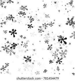 Black and Gray Flowers of Different Sizes on a White Background. Abstraction with Flowers. Confetti. A Scattering of Confetti. Placer from the Flowers. Banner, Textile, Card. Vector Illustration.