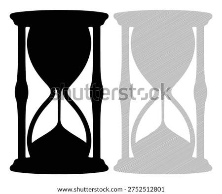 Black and gray hourglass, sand clock for measuring time duration, isolated vector