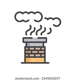 Black and gray icon of chimney with smoke, symbolizing winter warmth and relaxation.