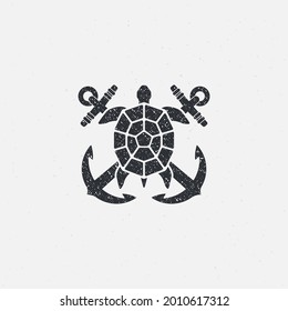 Black and gray illustration of crossed anchors, turtle on a background with a grunge texture. Design element for print, emblem, poster, badge and label. Vector illustration. Marine symbols.
