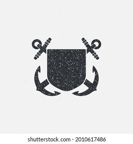 Black and gray illustration of crossed anchors, shield on a background with a grunge texture. Design element for print, emblem, poster, badge and label. Vector illustration. Marine symbols.