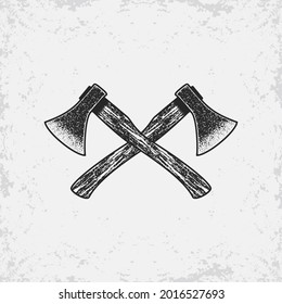 Black and gray illustration of crossed axes on a background with a grunge texture. Design element for emblem, print, badge, sticker and label. Vector illustration. Carpenter symbolism.