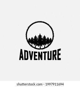Black and gray illustration of a forest, circle and text on a background with a grunge texture. Design element for emblem, badge, label, sticker. Vector illustration. Wildlife travel.