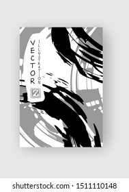 Black and gray ink brush stroke on white background. Japanese style. Vector illustration of grunge stains
